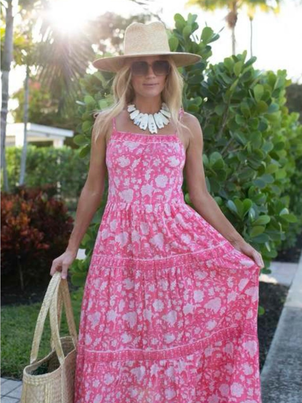 Pink Floral Tiered Maxi Dress with Spaghetti Straps